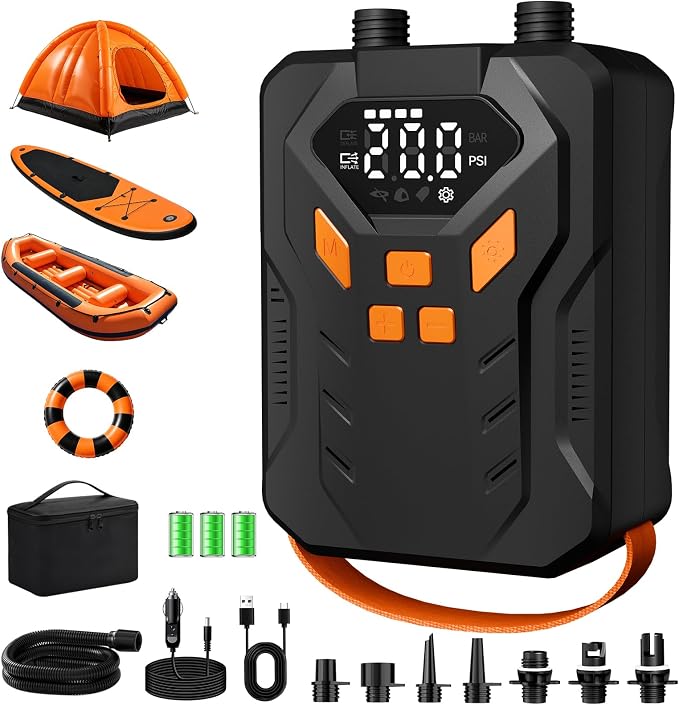Electric Paddle Board Pump, High Pressure 20 PSI Rechargeable SUP Pump with Intelligent Dual-Stage Inflation & Deflation, Auto-Off for Surfing Kites, Tents, Boats and Stand Up Paddle Boards
