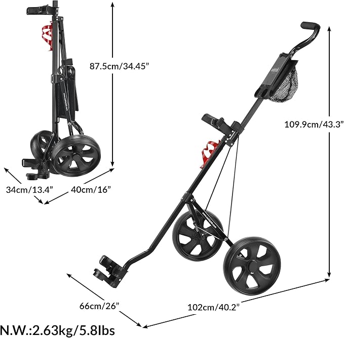 Caddytek CaddyLite 5.8 Deluxe Golf Pull Cart - Lightweight Folding 2 Wheel Golf Cart with Compact Design, Ergonomic Handle, Maintenance-Free Wheels, Mesh Net Storage, Portable and Trunk Friendly