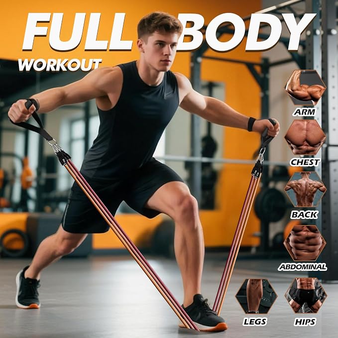 WHATAFIT Resistance Bands, Exercise Bands, Workout Bands with Handles, Door Anchor and Ankle Straps, 5 Resistance Levels Fitness Bands for Strength Training, Physical Therapy, and Home Gym Equipment