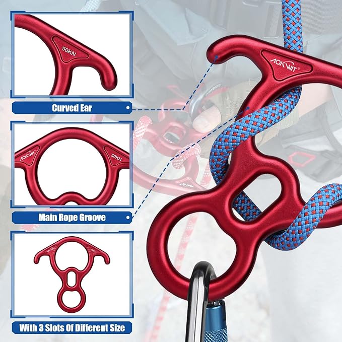 Professional Climbing Gear Set: 50KN Rescue Figure 8 Descender with Large Bent-Ear & 25KN UIAA Certified Auto-Locking Carabiner, Heavy Duty 7075 Aluminum Rappelling Equipment for Rock Climbing, Rescue