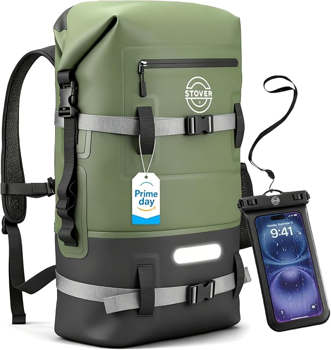 STOVER 30L Waterproof Dry Backpack & Phone Case - X-Large Floating Dry Bag for Kayaking, Travel, Hiking, Fishing, Camping, Motorcycles & Beach, Heavy-Duty Roll Top Men/Women (Green)