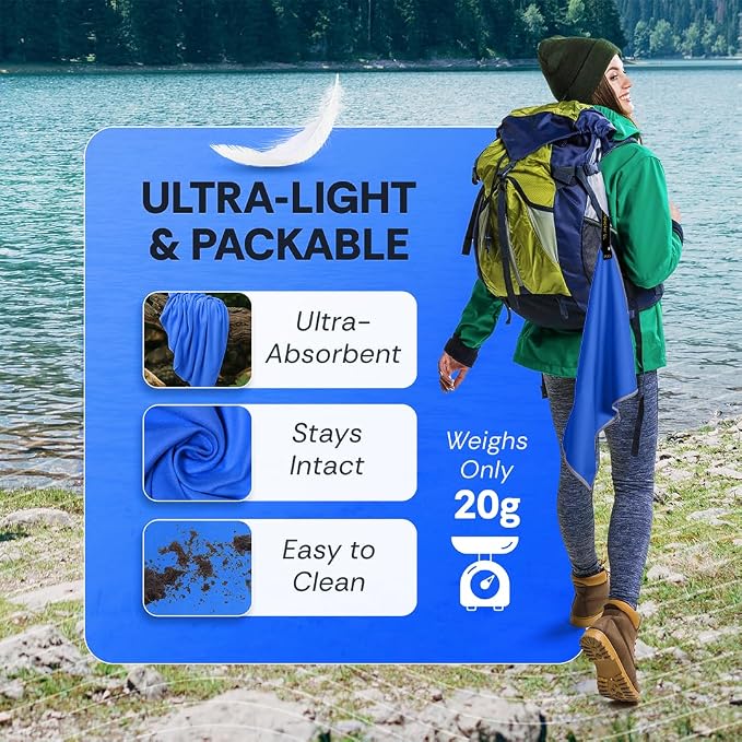 Elite Tail Magic -4 Pack - Lightweight Soft Compact Travel Towel | Quick Drying Backpacking Towel Ultralight with Loop Strap | Sport and Gym Microfiber Face Cloth Yoga | Small 12.5 x 9.9 inches