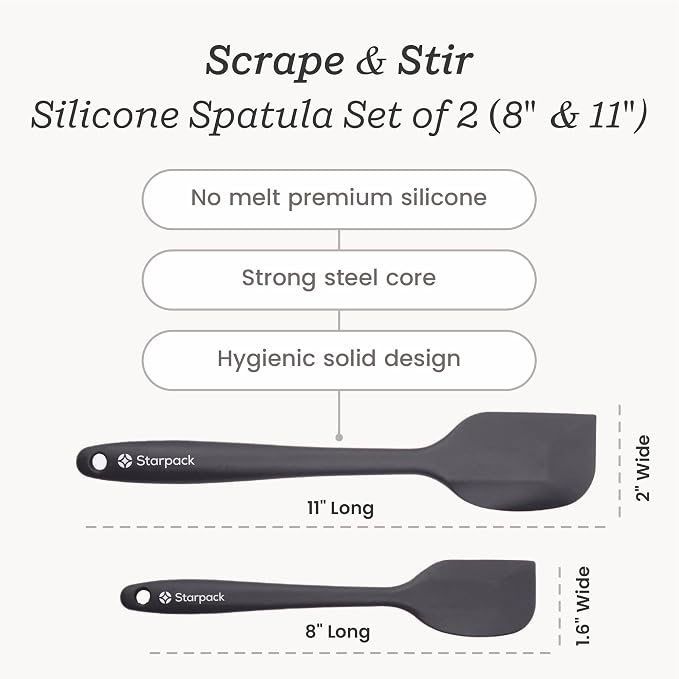 Starpack 'Scrape & Stir' Silicone Spatula Set (2 Pcs) - Heat Resistant Spatulas Set 600°F - Food Grade Kitchen Spatulas - LFGB Grade Nonstick Baking and Cooking Rubber Spatula Set - Gray/Black