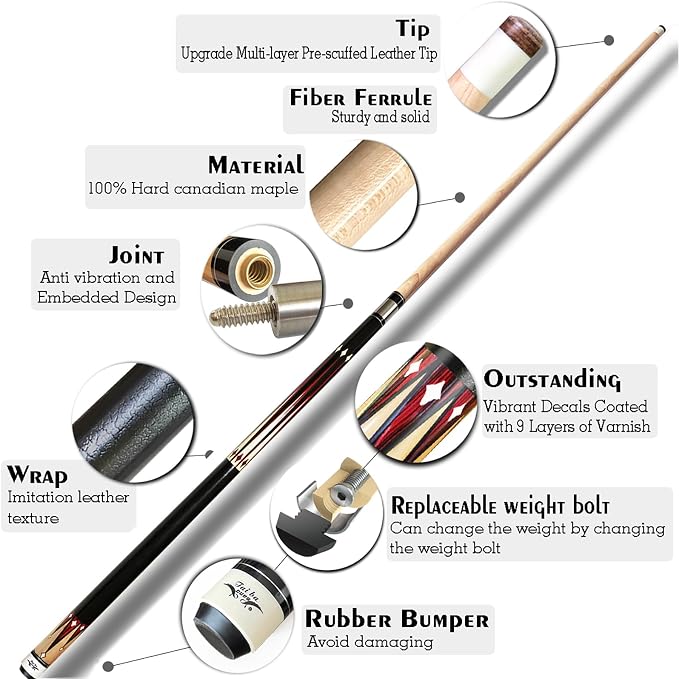 Tai ba cues 2-Piece Pool cue Stick + Hard Case, 13mm Tip, 58", Hardwood Canadian Maple Professional Billiard Pool Cue Stick 18,19,20,21,22 Oz Pool Stick (Selectable)-Blue, Black, Red, Gray, Green