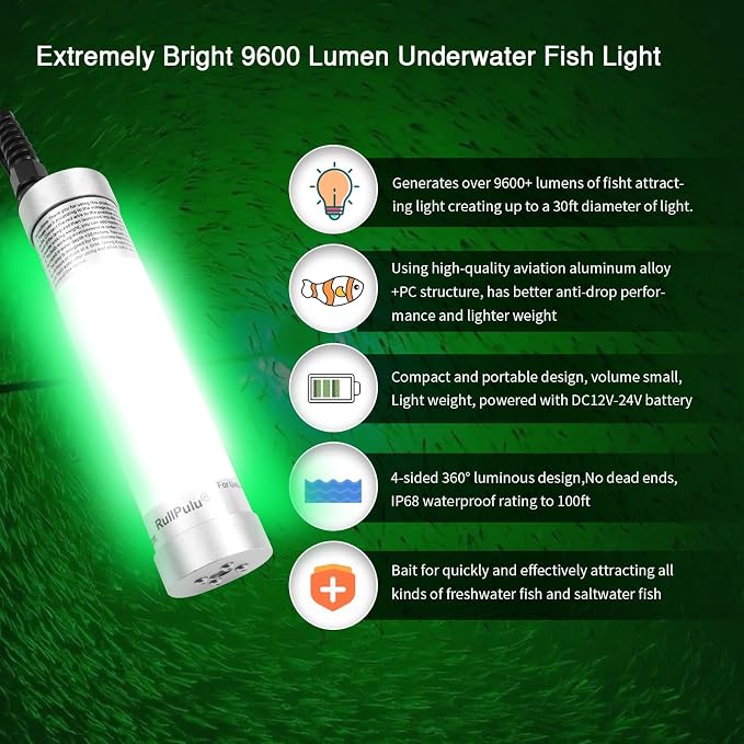 80W 9600lm Underwater Fishing Light, IP68 Waterproof Aluminum Super Bright Night Fish Attracting Submersible LED Lamp Lure Bait Finder for Freshwater Saltwater Sea Kayak Boat Ice Dock (Yellow)