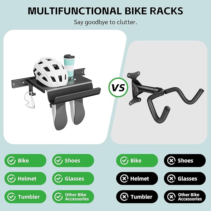 Bike Wall Mount Rack Indoor Bike Storage Garage Bike Rack Wall Mount with Shelf and Hooks Store Your Helmet and Shoes for a Single Road, Mountain or Other Bicycle (Fit Crank Bicycle,16" Stud)