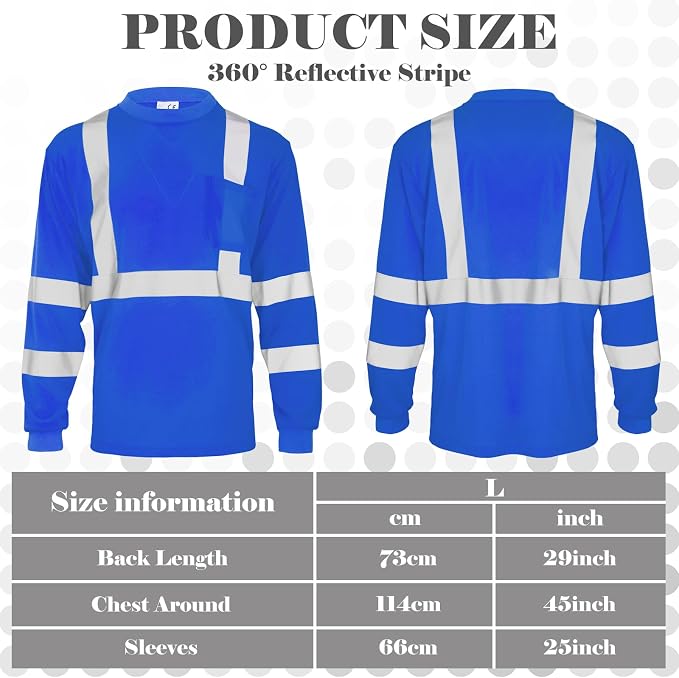 Amylove 4 Pcs Long Sleeve Safety Shirt High Visibility Reflective Construction Work Shirts for Men Women(L,Blue)