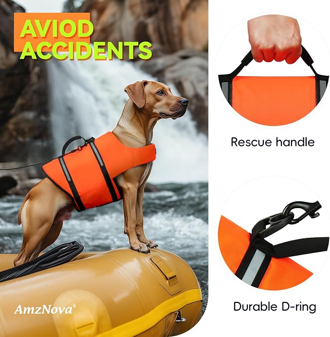 AMZNOVA Shark Dog Life Jacket + Rip Stop Dog Life Jacket, Durable Handle Reflective Buoyance