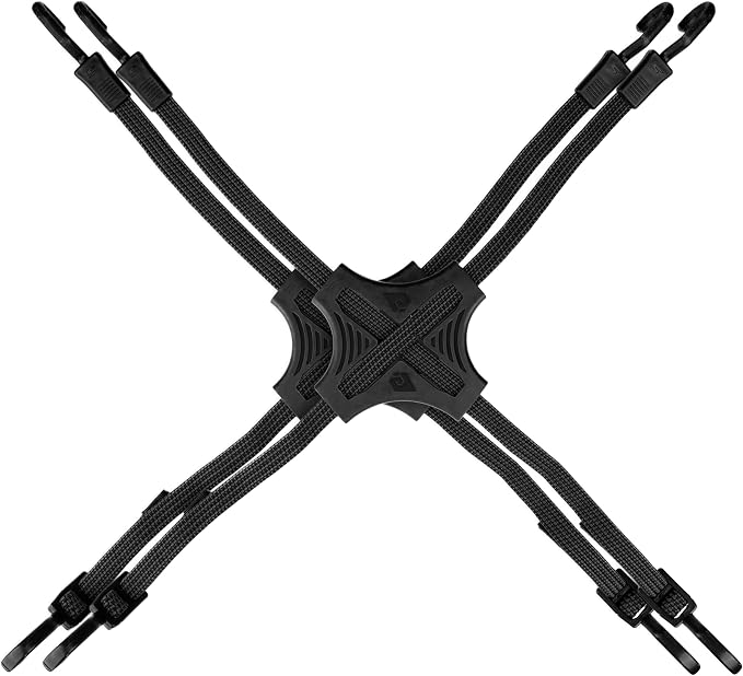Tack Strap – 4-Way Flat Bungee Cord with Rubber Pad Grip, Non-Slip Tie Down Straps for Motorcycle, ATV, Kayak, Cycling, Camping, Truck Storage, Adjustable Bungee Cords - 2 Pack (Black)