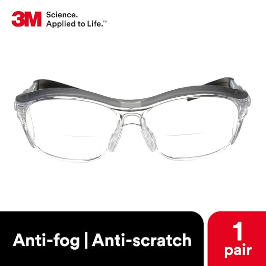 3M Safety Glasses with Readers, Nuvo Protective Eyewear, +1.5, ANSI Z87, Clear Lens, Retro Gray Frame, Soft Nose Bridge, Side Shields
