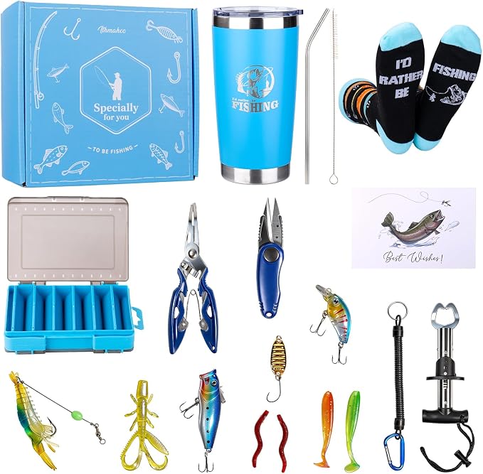 Fishing Tackle Kit Gifts for Men Unique, Fishing Gear Accessories Gift for Men, Fisherman Gift for Dad Grandpa, Gift Set for Fisherman, Fish Gear with Lip Gripper, Pliers, Tools, Lures