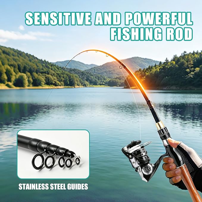 Fishing Rod and Reel Combo Kit, 2PACK Carbon Fiber Telescopic Fishing Pole | 2PACK Portable Spinning Reel Set with Lures,Lines,and Carry Bag for Travel Outdoor Fishing
