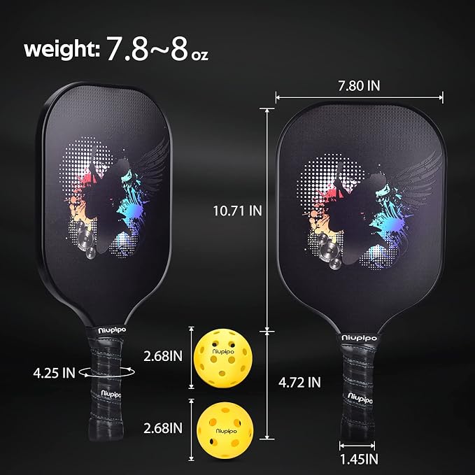 niupipo Pickleball Paddles Set of 2/4/1, USAPA Approved Carbon Fiber & Fiberglass Hybrid, Easy Power, Polypropylene Honeycomb Core, Cushioned 4.72" Grip, Bag/Cover, Pickleball Paddle Set for Men Women