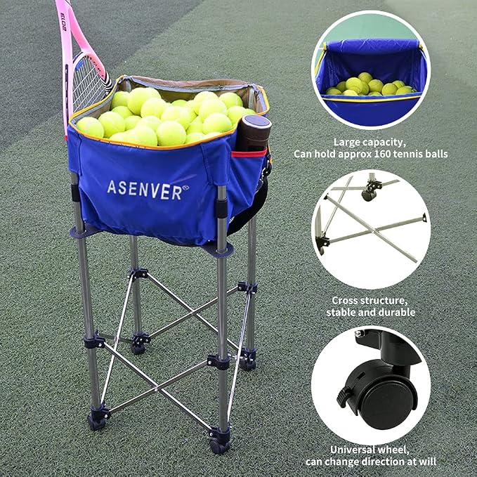 Tennis Ball Cart Removable Pickleballs Hopper with Wheels Basket Hold Up to 160 Balls for Tennis Ball