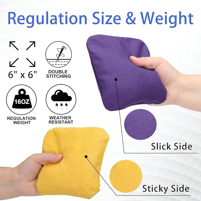 EunHo Regulation Cornhole Bags Set of 8 - Dual Sided Slick and Stick Cornhole Bean Bags for Tossing Game Professional All Weather Pro Corn Hole Bags with Tote Bag