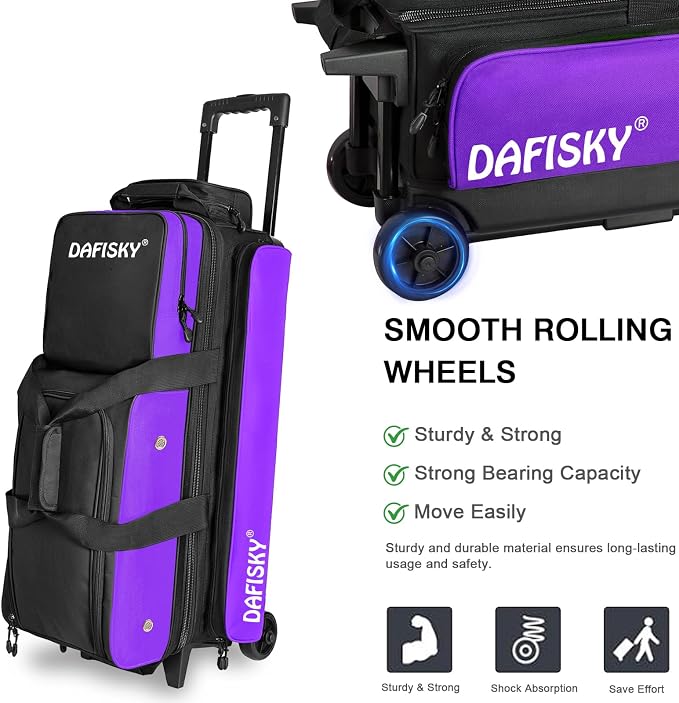DAFISKY 3 Ball Bowling Bags with Wheels, Roller Bowling Bag with Multiple Pockets Retractable Handle Extends to 38‘’