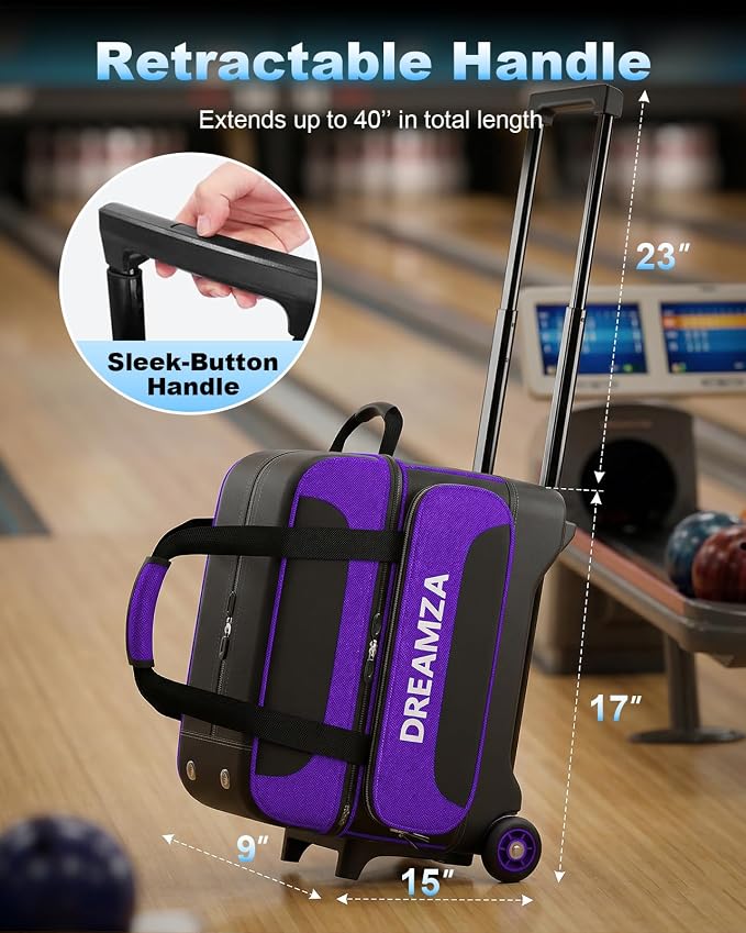 2 Ball Bowling Bag with Wheels, Double Bowling Ball Bag 2 Ball Roller w/Separate Compartment for Shoes Up to US Mens Size 16, w/Retractable Handle Extends to 40" & Accessories Pocket