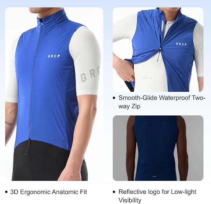 GRC Men's Windproof Cycling Vest, Running & Bike Vests with Two-way Zipper, Lightweight Sleeveless Windbreaker for Outdoors