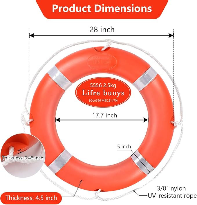 Life Preserver Ring 23"/28", Boat Safety Throw Rings with Bracket, Orange Buoy with Rope 98.5 FT and Reflective Tape for Boat