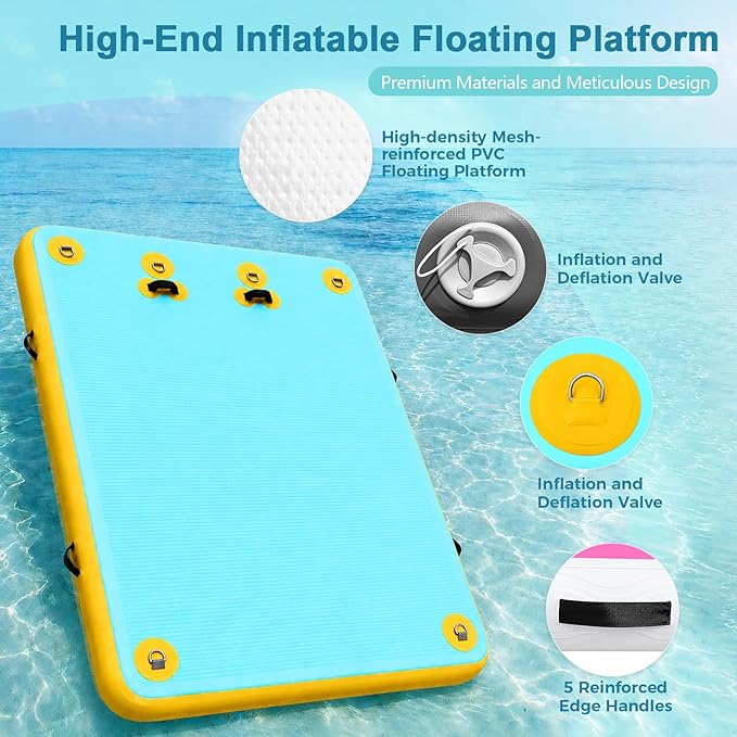 Inflatable Dock with Water Ramp, 6 inch Thick Non-Slip Inflatable Floating Dock for Dogs & Adults, Durable Drop-Stitch Floating Dock Platform for Lake, Ocean, Swimming & Fishing