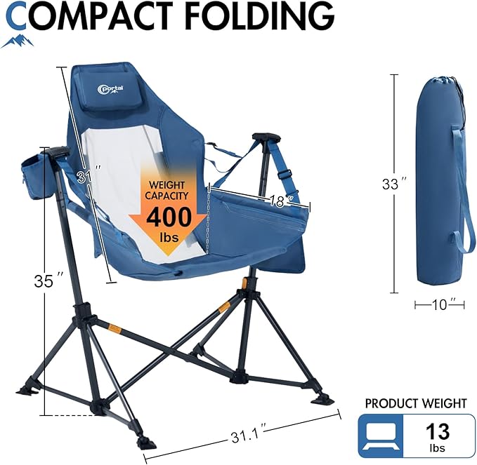 Portal Hammock Camping Chair Heavy Duty 400lbs - Breathable Mesh Outdoor Swinging Chair with Adjustable Recline & Headrest Pillow, Portable Hammock Chair for Camping Beach Sports Events, Blue