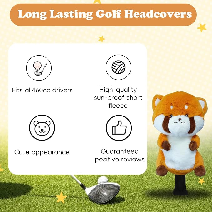 Cute Red Panda Golf Headcover, Animals Plush Golf Club Head Covers, Small Size Fits Hybird and Irons, Large Size Fits Standard 460cc Driver Head
