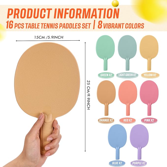 Junkin 16 Pcs Bulk Plastic Table Tennis Paddle Set Multi Color Sports Table Tennis Rackets Paddles Portable Equipment Accessories for Indoor Outdoor Games, Easy Grip and Light Spin