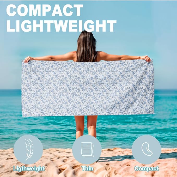 2 Pcs Microfiber Beach Towel Sand Free Quick Dry Oversized Vintage Shabby Chic Floral Dusty Blue White Design Pool Travel Essentials Bath Towels for Adults 71 x 32 Inches
