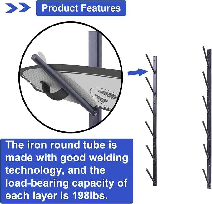 6 tiers Skateboard Wall Mount Longboard Rack Storage + 4pcs Skateboard Hanger Skate Deck Display Holder