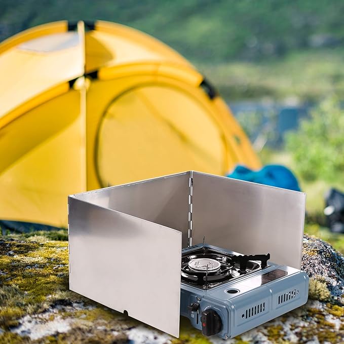REDCAMP 3 Plates Folding Stainless Steel Stove Windscreen, Portable Camping Stove Windshield Butane Burner Windshield for Hiking, Outdoor, Backpacking Silver