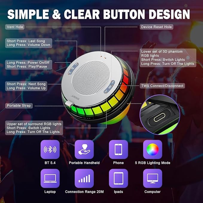Floating Speaker for Pool, IPX7 Waterproof Floating Hot Tub Speaker with Colorful Lights, 15W Stereo Loud Sound, TWS, Portable, Wireless Must Have Gifts for Shower, Spa, Beach