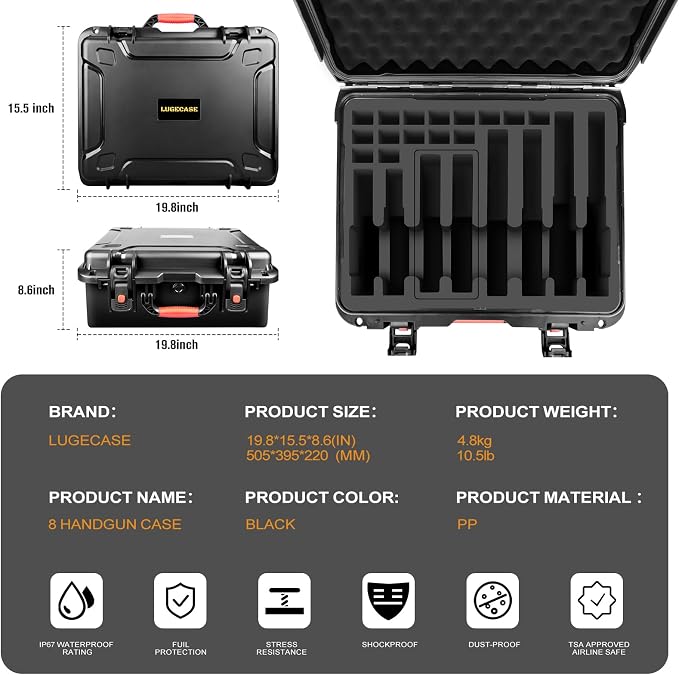 Pistol Gun Case for Multi Handguns - Hold Multiple Pistols & Magazines, Pre-cut Waterproof Hard Shell Gun Box, TSA Approved Pistol Case for SIG Sauer, Smith & Wesson, for Colt, for Revolver, for Glock