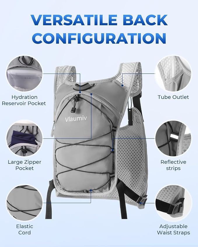 Hydration Backpack with 2L Water Bladder, Lightweight Running Vest for Women Men, 6L Breathable Adjustable Water Backpack with Reflective Strips for Hiking, Cycling, Marathon