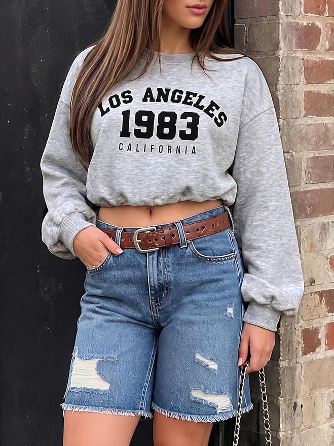 Flowyair Womens Crewneck Sweatshirt Los Angeles Elastic Waist Crop Tops | Long Sleeve, Loose Fit, Fall Spring, Pullover Tops, Round Neck, Elasticated Hem