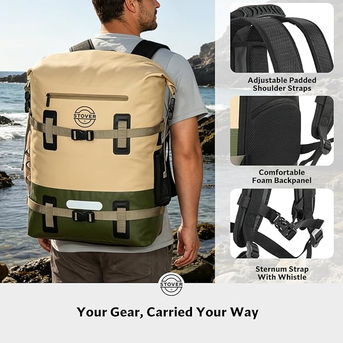 STOVER 55L Waterproof Dry Backpack & Phone Case - 2XL Floating Dry Bag for Kayaking, Travel, Hiking, Fishing, Camping, Motorcycles & Beach, Heavy-Duty Roll Top Men/Women (Tan/Army Green/Brown)