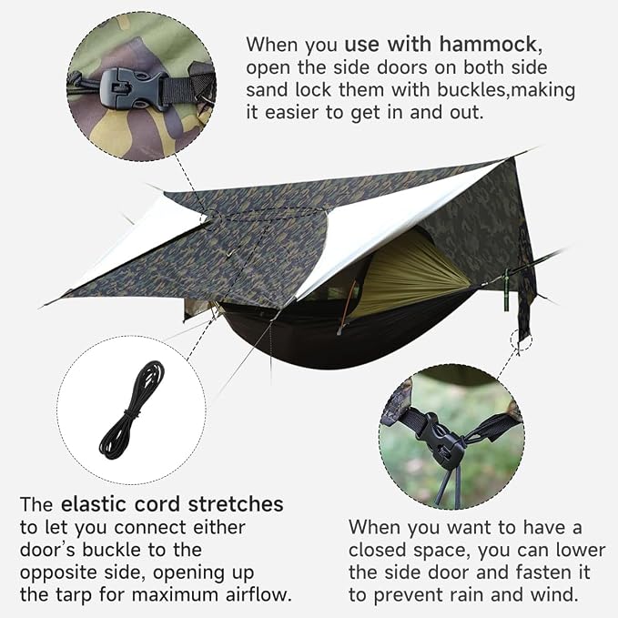 Ultralight Tarp, 14ft Hammock Rain Fly Lightweight Waterproof Camping Tent Tarp with Doors, Bushcraft Tarp Shelter for Backpacking Hiking Camping