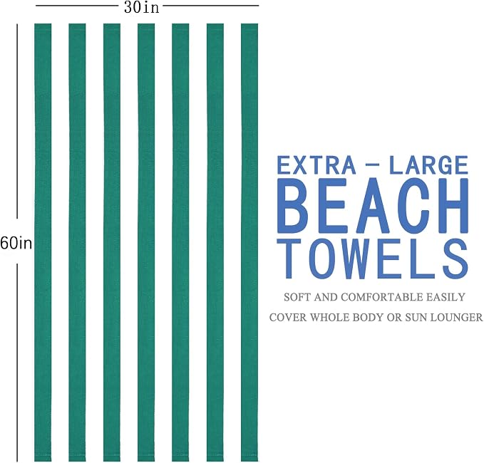 6 Packs Stripe Beach Towel Thin Terry Set XL Big Extra Large Oversized Accessories Essentials Soft Super Absorbent Clearance Pool Swim Camping Travel Bath Towels Bulk Men Women Adults Gift Green