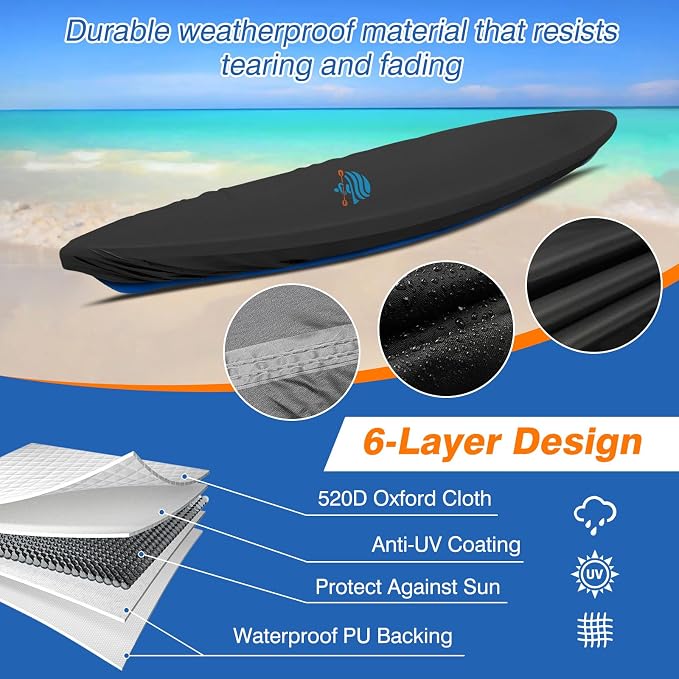 Kayak Cover 600D Canoe Cover for Outdoor Storage Heavy Duty & Waterproof, Fade-Resistant, Fits Paddle Board, SUP, Canoe, and Kayak Boat