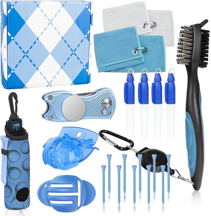 Golf Accessories Kit Golf Club Cleaning Kit Club Groove Cleaner Brush Divot Repair Tool Golf Towel with Clip Ball Bag with Hook Ball Alignment Kit Marking Pen Golf Gift Set Women
