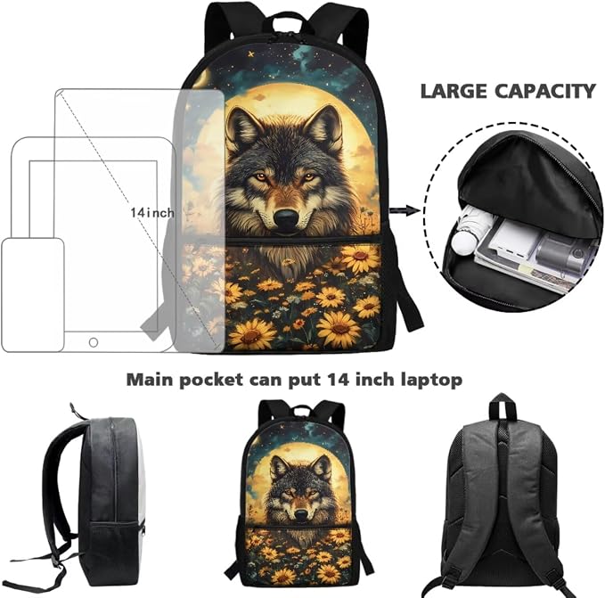 Wolf Backpack for Girls School Bag with Lunch Bag Pencil Case Water Bottle Holder Sunflower Kids Bookbag Set Back to School Supplies 4 Piece Rucksack Daypack Set