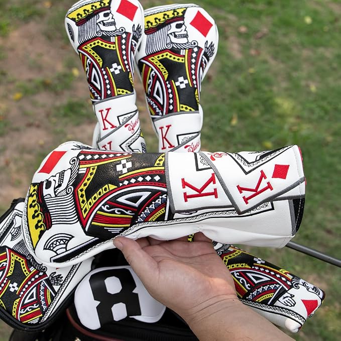 Golf Club Covers Poker Diamond King Driver Cover Fariway Wood Headcover 3 Hybrid Head Covers Blade Putter Cover Mallet Putter Haedcovers with Magnetic Closure for Most Brand
