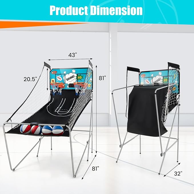 Giantex Foldable Basketball Arcade Game, 8 Game Options, Electronic Double Shot 2 Player w/ 4 Balls and LED Scoring System, Indoor Basketball Game for Kids, Adult