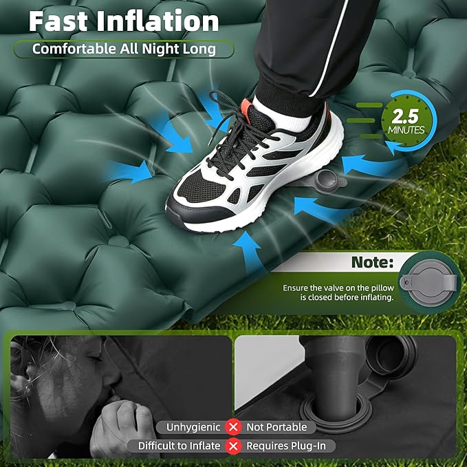 Double Camping Sleeping Pad, 4" Extra Thick 2 Person Inflatable Sleeping Pad with Built-in Foot Pump & Pillow, Self Inflating Camping Mattress for Tent, Backpacking, Hiking, Travel, RV（Dark Green）