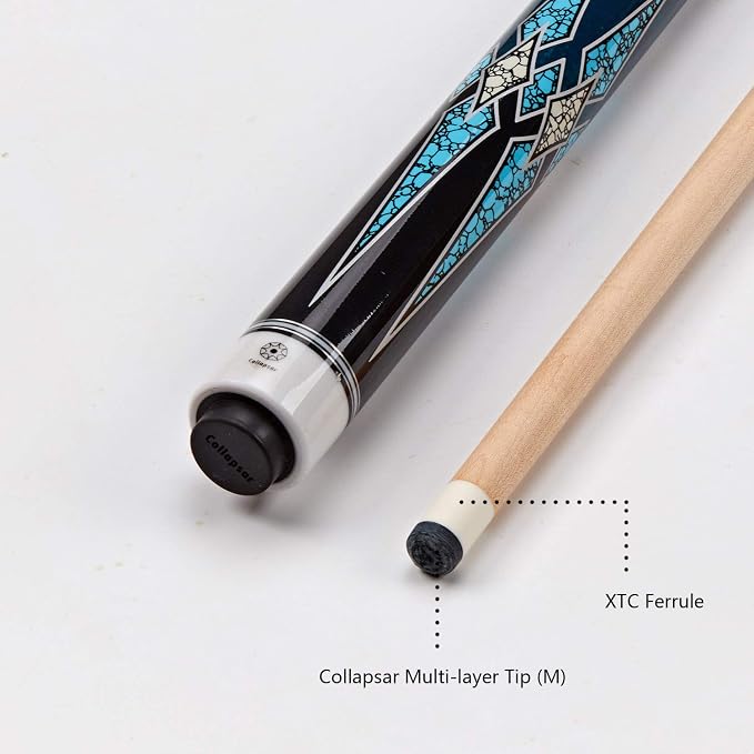 Collapsar CXT Pool Cue with Soft Case,Black with Cream Points and Turquoise,Wrapless Handle 58Inch Professional Pool Stick
