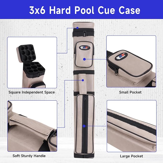 GSE Games & Sports Expert 3x6 Hard Pool Cue Case, Billiard Stick Carrying Bag for 3 Sticks, Holds 3 Butts and 6 Shafts (Several Colors Available)