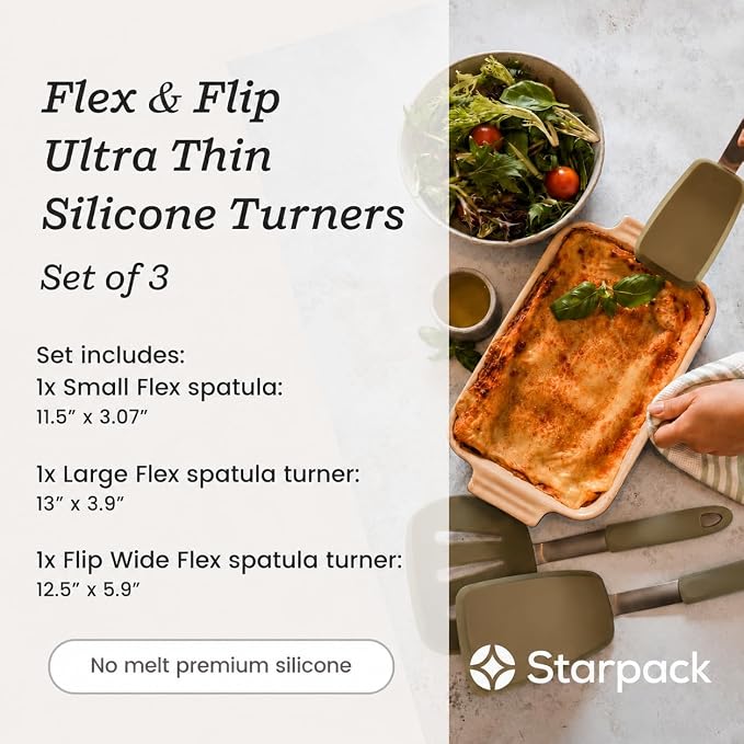 Starpack 'Flex & Flip' Flexible Silicone Turner Spatula Set (3 Pcs) - High Heat Resistant Spatulas for Cooking Egg 600°F - Silicone Pancake Turner Spatula, LFGB Grade Non Stick Rubber Kitchen Utensils