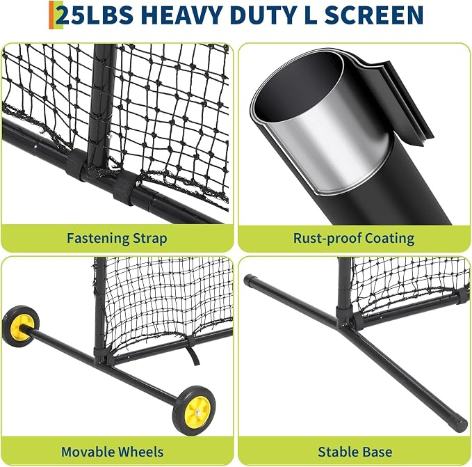 7x7FT L-Shaped Baseball Pitching Net with Wheels,Portable Steel L Screen,Protective Pitcher Screen Netting for Batting Cage, Softball & Tee-Ball Practice (All Skill Levels)