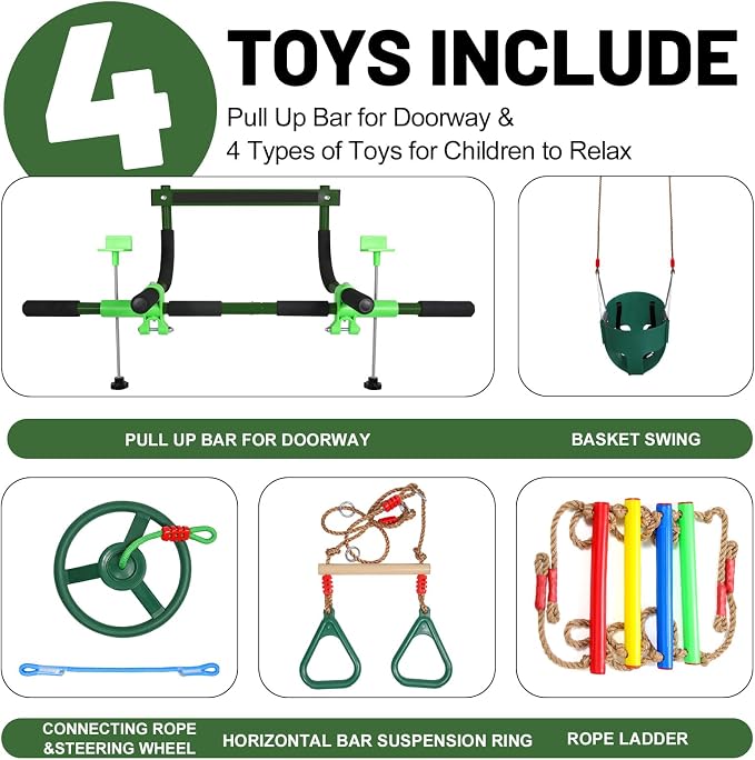Doorway Swing mount for Kids & Door Pull Up Bar for Adults, Indoor Kid Swing with 4 Accessories, Multi-Function Doorway Gym, Fits Door Frame 24.41-30.51'' W x 3.94-6.69'' Thickness (Dark green)