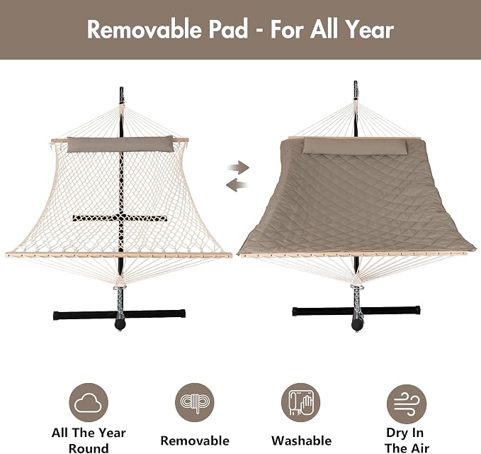 ANOW 2 Person Hammock with 12FT Heavy Duty Steel Stand, Double Rope Hammock with Detachable Pillow and Pad for Outdoors Indoors, 450 LBS Weight Capacity, Light Brown