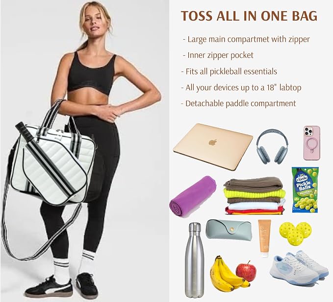 Pickleball Bag Set with Racket Compartment, Quilted Tote and Sling Bag